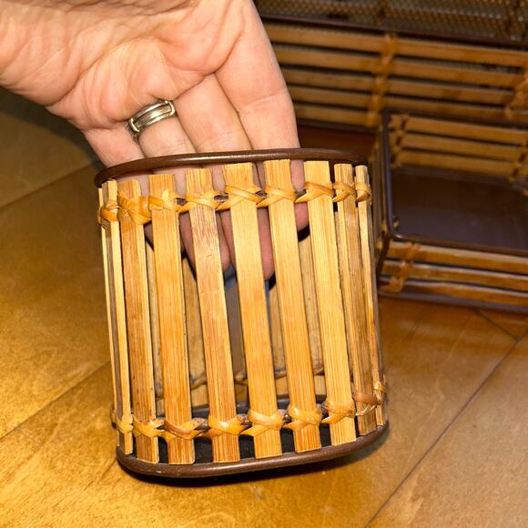 Vintage set of woven bamboo desktop organizers pen cup sticky note mail - Picture 8 of 10